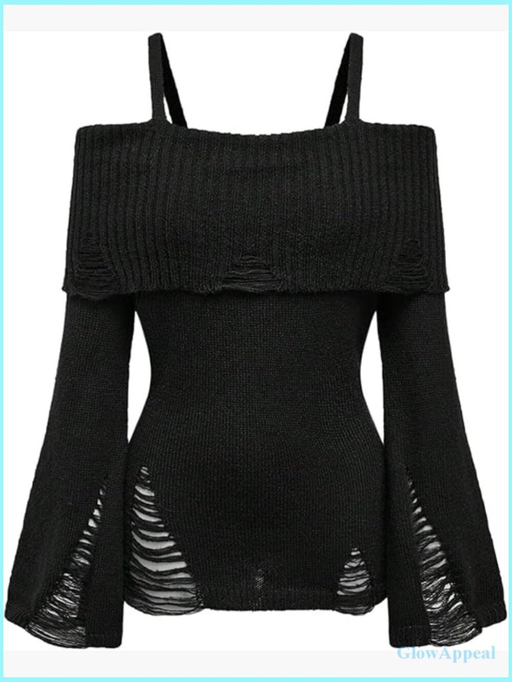 Cold Shoulder Ripped Sweater Goth Punk Long Sleeve Fitted Jumper Pullover
